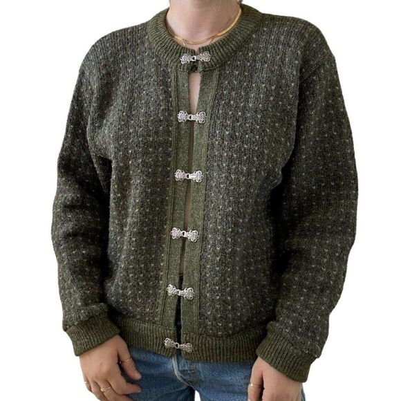 Vintage LL Bean Olive Green Wool Blend Birdseye Made in Norway Cardigan Sz M - Picture 9 of 9